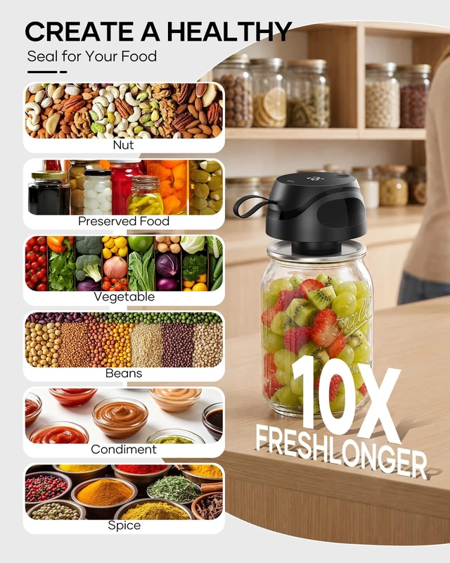 Alt view image 4 of 7 - Electric Mason Jar Vacuum Sealer Kit, Portable Jar Vacuum Sealer with 10 Wide Mouth & 10 Regular Mouth Mason Lids, 2 Food Bags, One-Touch Auto Stop, Food Storage Vacuum Sealer for Home & Kitchen-Black