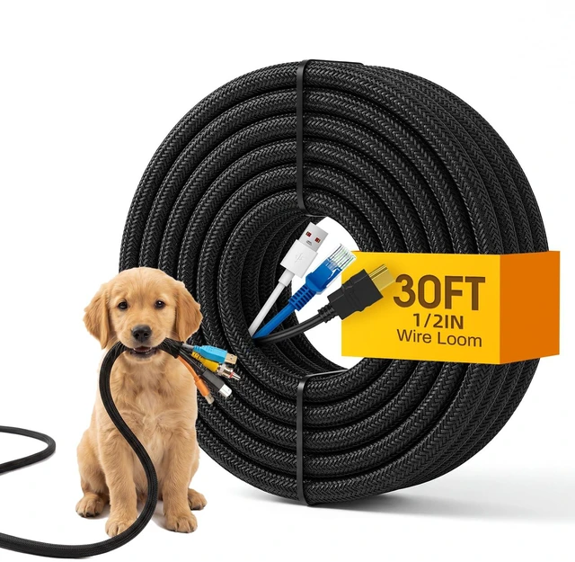 Main image of 30ft Wire Loom Automotive, 1/2in Cord Protectors from Pets no Chew, Black | Split Cable Management Sleeves, Braided Wire Wrap, Cable Cover for Automotive Wiring & Home Office Cord Organization