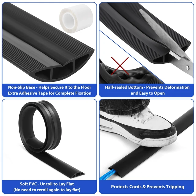 Alt view image 2 of 6 - 4ft Floor Cord Cover, Cable Cavity 0.6" W x 0.32" H, Black | Heavy-Duty Cord Hider for 1-2 Wires, Protects Extension Cords & Helps Prevent Trips, Uncoils Flat for Easy Install