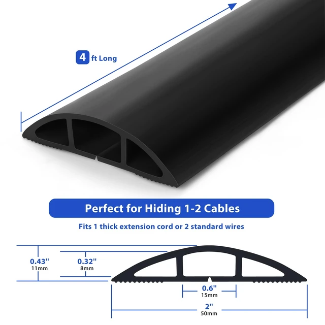 Alt view image 3 of 6 - 4ft Floor Cord Cover, Cable Cavity 0.6" W x 0.32" H, Black | Heavy-Duty Cord Hider for 1-2 Wires, Protects Extension Cords & Helps Prevent Trips, Uncoils Flat for Easy Install