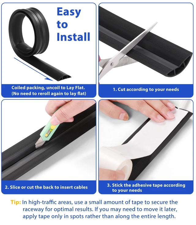 Alt view image 6 of 6 - 4ft Floor Cord Cover, Cable Cavity 0.6" W x 0.32" H, Black | Heavy-Duty Cord Hider for 1-2 Wires, Protects Extension Cords & Helps Prevent Trips, Uncoils Flat for Easy Install