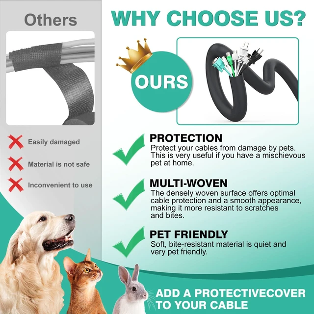 Alt view image 2 of 7 - Dog and Cat Cord Protector 10ft - 3/8inch, Flexible Cable Sleeve for Easy Cord Management, Protects Cables from Pets Chewing, Ideal for USB, Power, Audio and Video Cords - Black