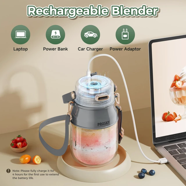 Alt view image 6 of 7 - Portable Blender, Personal Blenders for Shakes and Smoothies with 27oz Cup, Lid and Shoulder Strap, Type-C USB Rechargeable, Personal Size Blenders BPA-free for Travel/Kitchen (Gray)