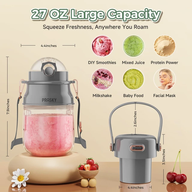 Alt view image 4 of 7 - Portable Blender, Personal Blenders for Shakes and Smoothies with 27oz Cup, Lid and Shoulder Strap, Type-C USB Rechargeable, Personal Size Blenders BPA-free for Travel/Kitchen (Gray)