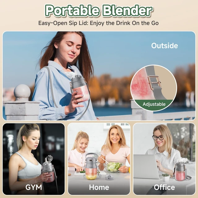 Alt view image 5 of 7 - Portable Blender, Personal Blenders for Shakes and Smoothies with 27oz Cup, Lid and Shoulder Strap, Type-C USB Rechargeable, Personal Size Blenders BPA-free for Travel/Kitchen (Gray)