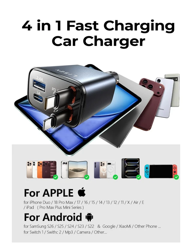 Alt view image 7 of 7 - Retractable Car Charger, 84W Car Charger USB C Fast Charge, 4 in 1 | Cigarette Lighter Adapter, Car Accessories, Gifts for Men Women Dad Mom, for iPhone Duo, iPhone 18 Pro Max 17 16 15 14 13 12