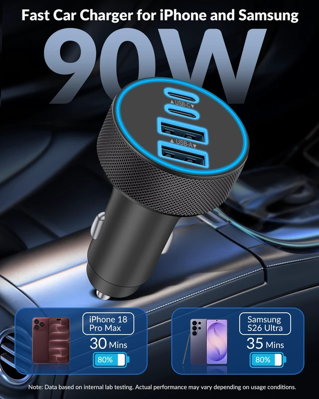 Alt view image 2 of 7 - iPhone 18 17 16 Car Charger Fast Charging, 90W 4Port USB C Fast Car Charger | Cigarette Lighter Adapter with 240W 3FT USB-C Cable, for iPhone Duo/18/18 Pro/18 Pro Max/17/17 Pro Max/16/15, iPad