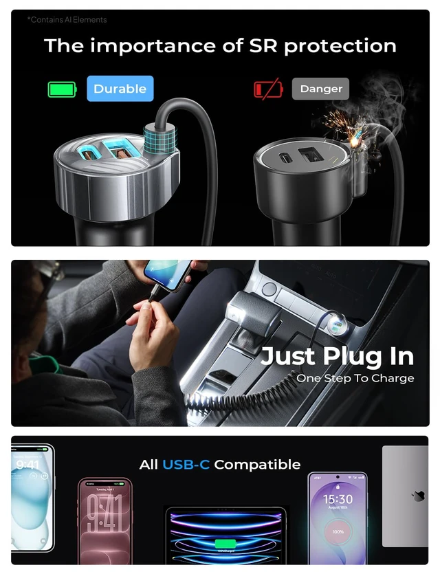 Alt view image 5 of 7 - 90W for iPhone 18 17 16 Pro Max Car Charger USB C Fast Charge | Super Fast for iPhone Duo Cigarette Lighter USB C Adapter for iPhone 18 Pro Max,Samsung Galaxy S26 Ultra, Car Accessories