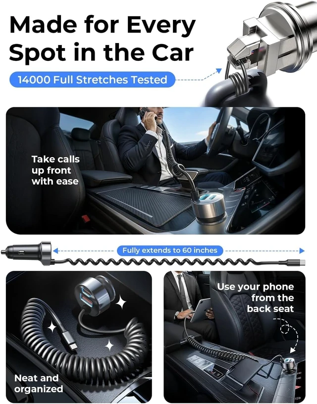 Alt view image 6 of 7 - 90W for iPhone 18 17 16 Pro Max Car Charger USB C Fast Charge | Super Fast for iPhone Duo Cigarette Lighter USB C Adapter for iPhone 18 Pro Max,Samsung Galaxy S26 Ultra, Car Accessories