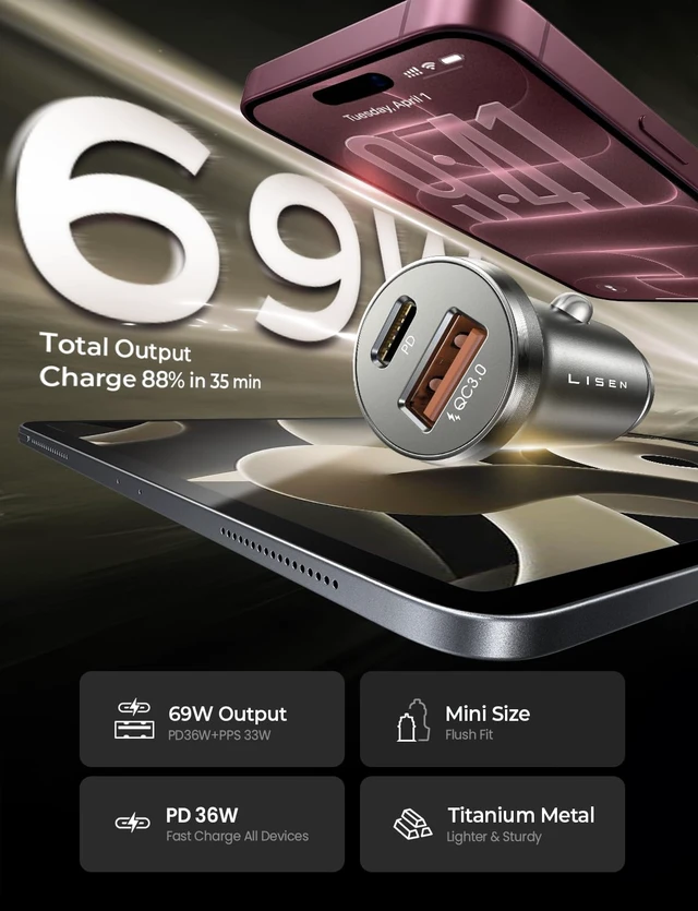Alt view image 3 of 7 - 69W Mini Cigarette Lighter Adapter Car Charger USB C Fast Charging | 12V Cigarette Lighter USB Car Charger Fast Charging Adapter, for iPhone Duo 18 Pro Max 17 16 15 14 Plus Mini, Samsung S26 S25