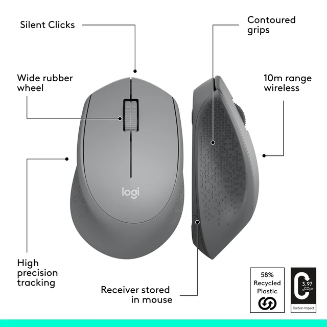 Alt view image 7 of 7 - M330 Silent Plus Full Size 2.4 GHz Wireless Mouse - Grey | Silent, lightweight, 2.4 GHz USB-A Nano Receiver, 1000 dpi optical tracking, 2-year battery life, PC, Mac, laptop compatible