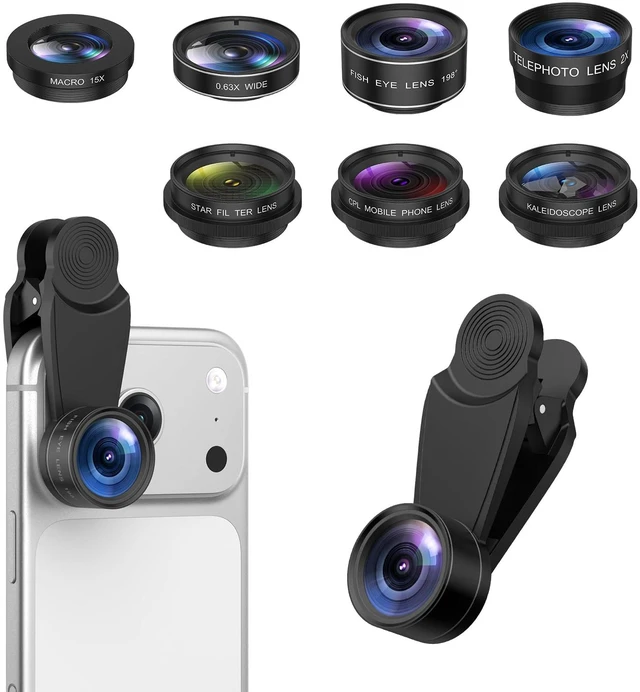 Main image of 7 in 1 Phone Camera Lens Kit with 2X Telephoto, 0.63X Wide Angle, 15X Macro, 198° Fisheye, CPL Filter, Star & Kaleidoscope Lens, HD Mobile Lens Set for iPhone, Samsung & Smartphones