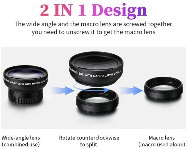 Alt view image 2 of 7 - Professional 2 in 1 Lens Universal Clip 37mm Mobile Phone Lens 0.45x 49uv Super Wide-Angle + Macro HD Lens for All Smartphones