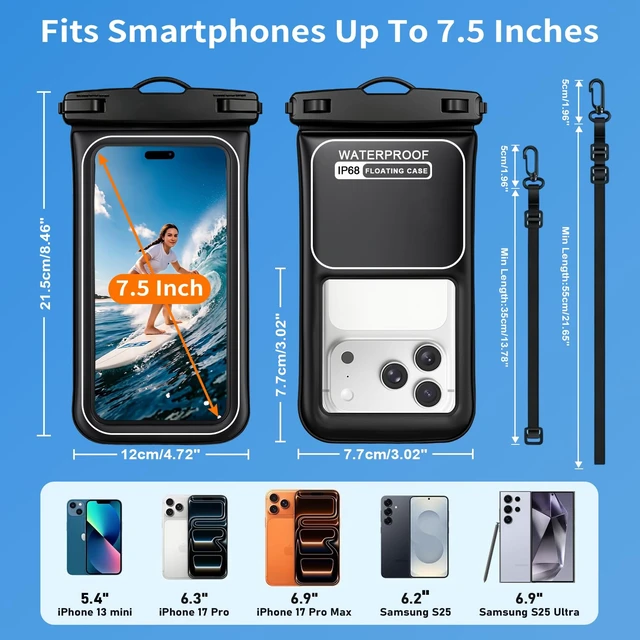 Alt view image 6 of 7 - IPX8 Floating Waterproof Phone Pouch 2Pack with DualPocket Card Holder | Lanyard, Phone Dry Bag for iPhone 17 16 15 14 13 Pro Max, Galaxy S26 S25 S24 Ultra, Fits Up to 7.5 Beach Cruise Travel.