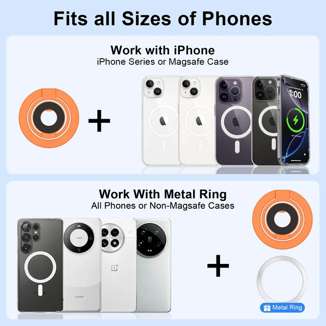 Alt view image 6 of 7 - Magnetic Phone Ring Holder for iPhone 17 Pro Max/Air/17e/16e/16/15 Pro Max | 360° Rotation MagSafe Phone Grip Stand Finger Ring Kickstand Two-Sided Magnet for Samsung Galaxy S26 Ultra/S25 FE/S25 Ultra