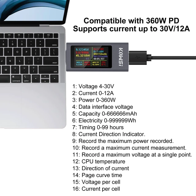 Alt view image 3 of 6 - 360W USB C Tester Power Meter Type-C PD Tester Digital Multimeter 4-30V 0-12A Voltage and Current Tester Meter Voltmeter Power Bank Capacity USB Cable Charger Detector