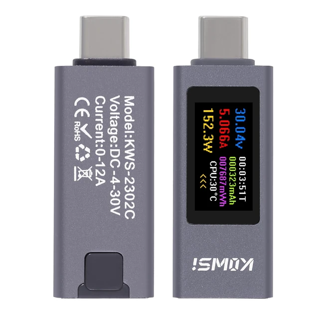 Alt view image 3 of 7 - 1PCS USB C Tester Power Meter, 4-30V 0-12A Type-C PD Tester Digital Multimeter, Voltage and Current Tester Meter Voltmeter, Power Bank Capacity USB Cable Charger Detector (KWS-2302C)