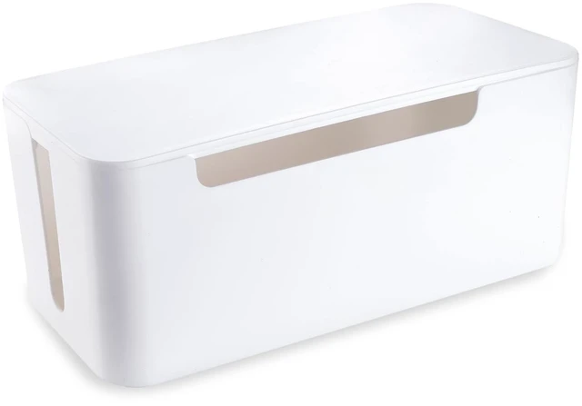 Main image of Cable Management Box with Lid, Three Entry/Exit Slots, White | Large Cord Organizer, Plastic Power Strip Cover, Hide Surge Protector on Desk & Floor, for TV Computer Home Router Office