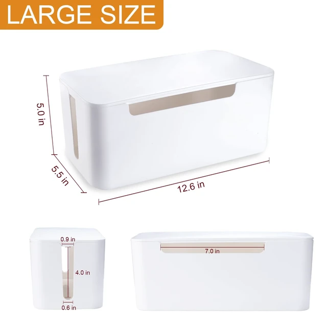 Alt view image 2 of 7 - Cable Management Box with Lid, Three Entry/Exit Slots, White | Large Cord Organizer, Plastic Power Strip Cover, Hide Surge Protector on Desk & Floor, for TV Computer Home Router Office