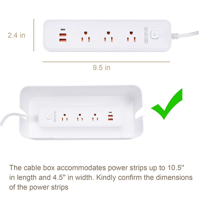 Alt view image 5 of 7 - Cable Management Box with Lid, Three Entry/Exit Slots, White | Large Cord Organizer, Plastic Power Strip Cover, Hide Surge Protector on Desk & Floor, for TV Computer Home Router Office