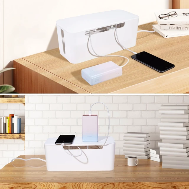 Alt view image 7 of 7 - Cable Management Box with Lid, Three Entry/Exit Slots, White | Large Cord Organizer, Plastic Power Strip Cover, Hide Surge Protector on Desk & Floor, for TV Computer Home Router Office