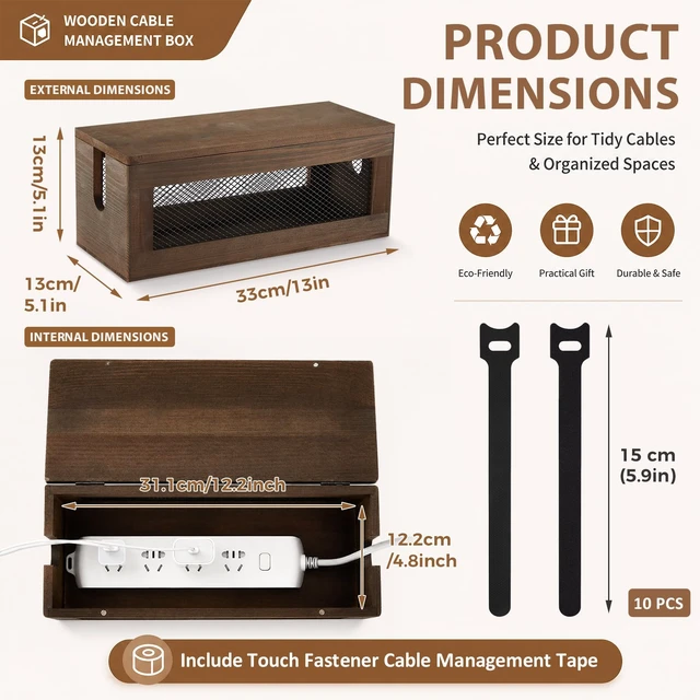 Alt view image 2 of 6 - 13 Inch Cable Management Box, Wood Cord Hider Organizer with Magnetic Lid & Organizer for Power Strip, TV Wires & Desk Cable Storage, Ventilation Hide Floor Cables