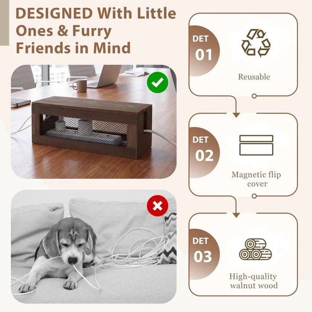 Alt view image 3 of 6 - 13 Inch Cable Management Box, Wood Cord Hider Organizer with Magnetic Lid & Organizer for Power Strip, TV Wires & Desk Cable Storage, Ventilation Hide Floor Cables