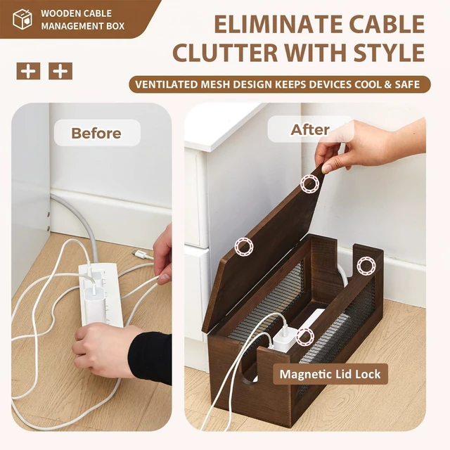 Alt view image 4 of 6 - 13 Inch Cable Management Box, Wood Cord Hider Organizer with Magnetic Lid & Organizer for Power Strip, TV Wires & Desk Cable Storage, Ventilation Hide Floor Cables