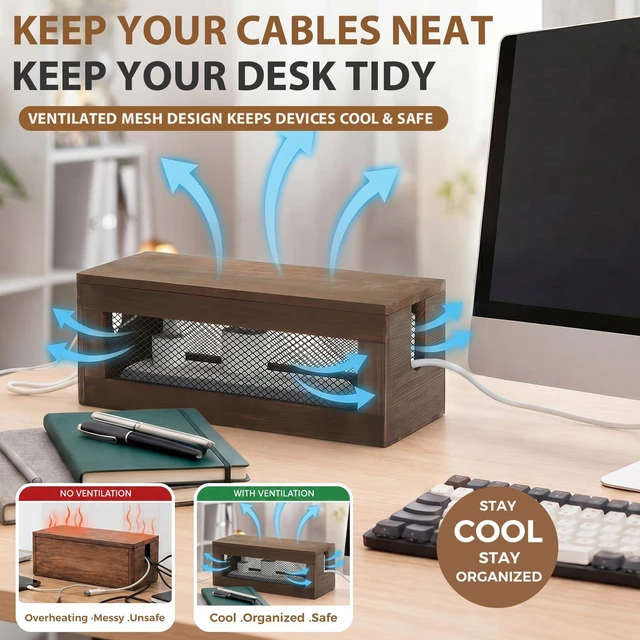 Alt view image 6 of 6 - 13 Inch Cable Management Box, Wood Cord Hider Organizer with Magnetic Lid & Organizer for Power Strip, TV Wires & Desk Cable Storage, Ventilation Hide Floor Cables