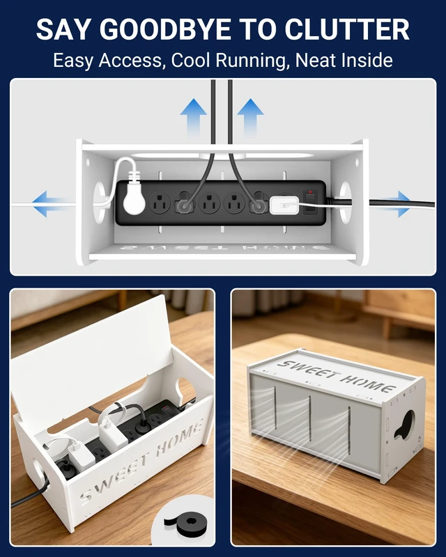 Alt view image 5 of 7 - Large Cable Management Box, Imitation Wood Plastic Cord Organizer Boxs | Cord Hider Box for Power Strip Router & USB Hub & TV Wires, Suitable for Both Home and Office White