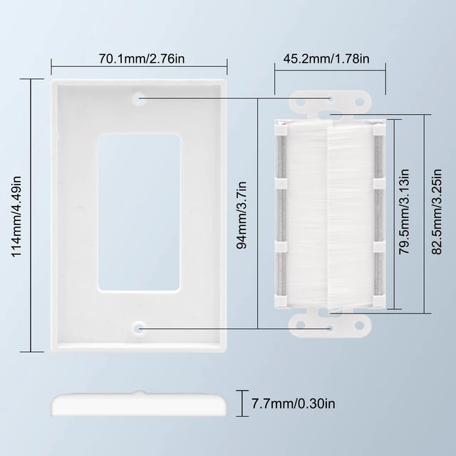 Alt view image 5 of 7 - Brush Wall Plate Cable Pass Through with Bracket, White, 2-Pack | Single Gang | Low Voltage Cables | Wall Mount TV | Decorator Cover | White