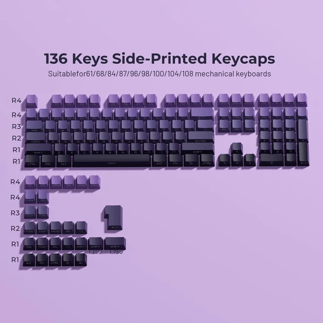 Alt view image 5 of 6 - XVX Side Print Keycaps, Shine Through Double Shot PBT Keycaps, Custom Key caps 60 65 75 100 Percent, Gradient Purple 136 Keys Set, OEM Profile, Minimalist Style for Cherry Gateron MX Switches Keyboard