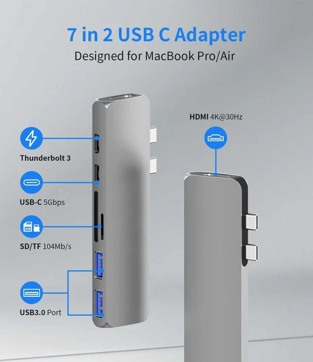 Alt view image 2 of 7 - USB C Hub for MacBook Pro/Air M1 M2, 7-in-2 Thunderbolt 3/4 Compatible Adapter with 4K HDMI, 100W PD, 2 USB 3.0 and SD/TF Card Reader