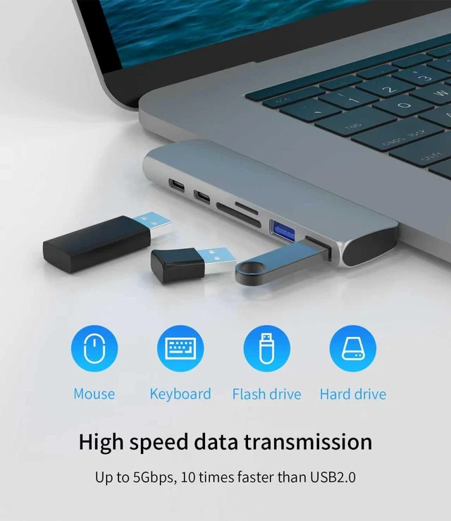 Alt view image 6 of 7 - USB C Hub for MacBook Pro/Air M1 M2, 7-in-2 Thunderbolt 3/4 Compatible Adapter with 4K HDMI, 100W PD, 2 USB 3.0 and SD/TF Card Reader
