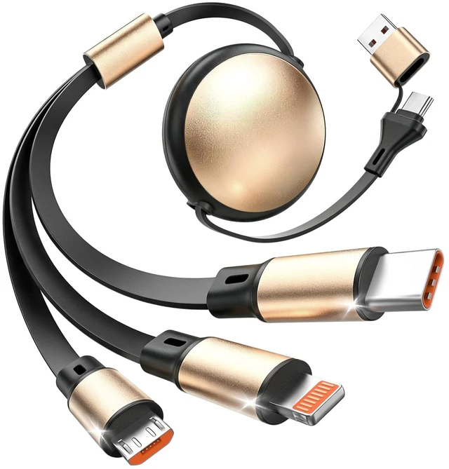 Main image of 3 in 2 Multi Charging Cable, Retractable Car Charger for Multiple Devices | 3.6FT Retractable Charger Cord with Type C/L/Micro USB Ports for iP 17 16 15 14, Car Accessories for Women/Men,Goldblack
