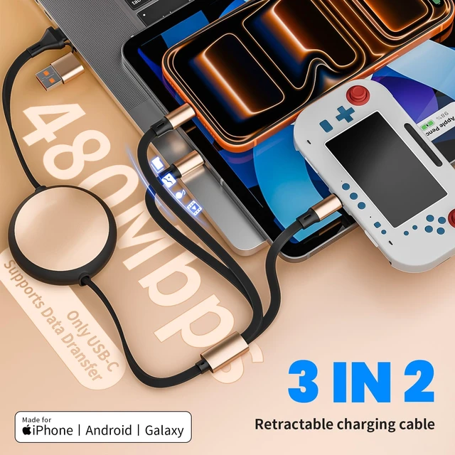 Alt view image 6 of 7 - 3 in 2 Multi Charging Cable, Retractable Car Charger for Multiple Devices | 3.6FT Retractable Charger Cord with Type C/L/Micro USB Ports for iP 17 16 15 14, Car Accessories for Women/Men,Goldblack