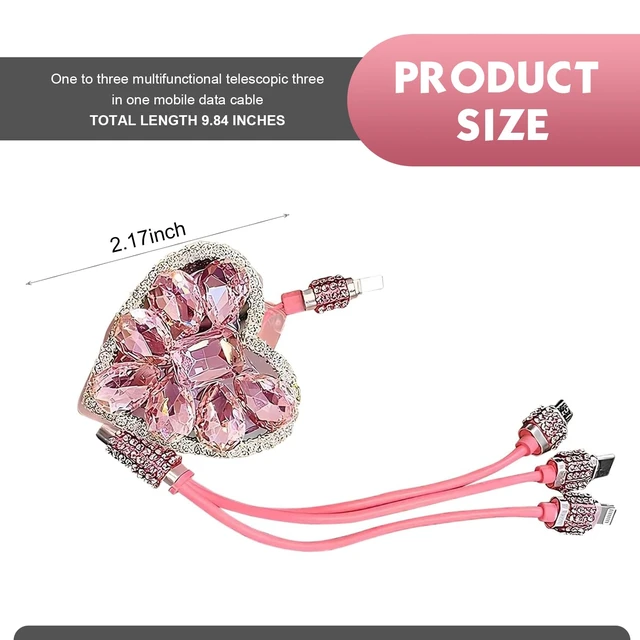 Alt view image 2 of 7 - Car Multi-function Charging Cable, Retractable Fast Power Cord with Bling Heart Decoration, Type-C Lightning Micro USB 3 in 1 Connector Cable, Portable Cord for Most Devices (Pink)