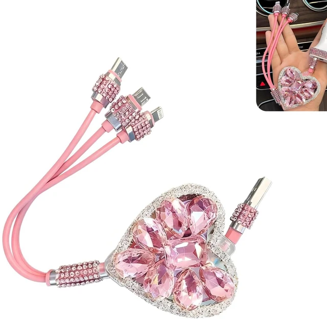 Main image of Car Multi-function Charging Cable, Retractable Fast Power Cord with Bling Heart Decoration, Type-C Lightning Micro USB 3 in 1 Connector Cable, Portable Cord for Most Devices (Pink)