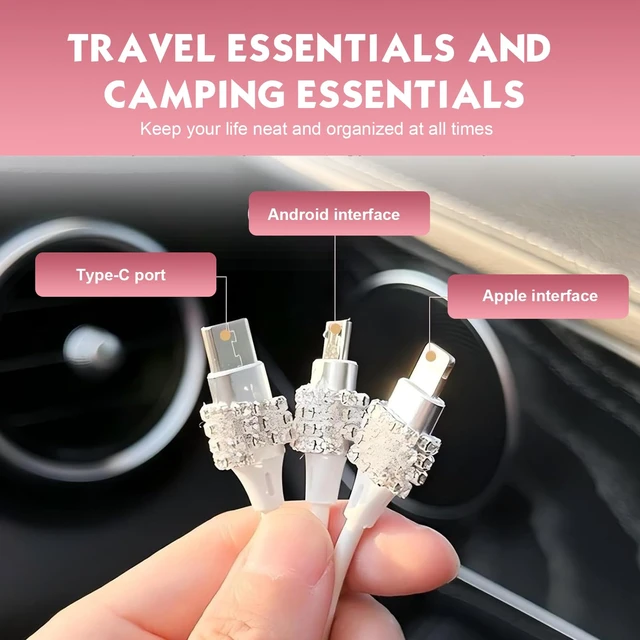 Alt view image 4 of 7 - Car Multi-function Charging Cable, Retractable Fast Power Cord with Bling Heart Decoration, Type-C Lightning Micro USB 3 in 1 Connector Cable, Portable Cord for Most Devices (Pink)