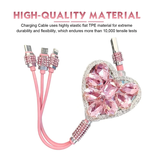 Alt view image 6 of 7 - Car Multi-function Charging Cable, Retractable Fast Power Cord with Bling Heart Decoration, Type-C Lightning Micro USB 3 in 1 Connector Cable, Portable Cord for Most Devices (Pink)