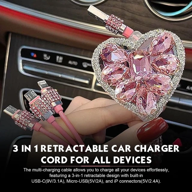 Alt view image 3 of 7 - Car Multi-function Charging Cable, Retractable Fast Power Cord with Bling Heart Decoration, Type-C Lightning Micro USB 3 in 1 Connector Cable, Portable Cord for Most Devices (Pink)