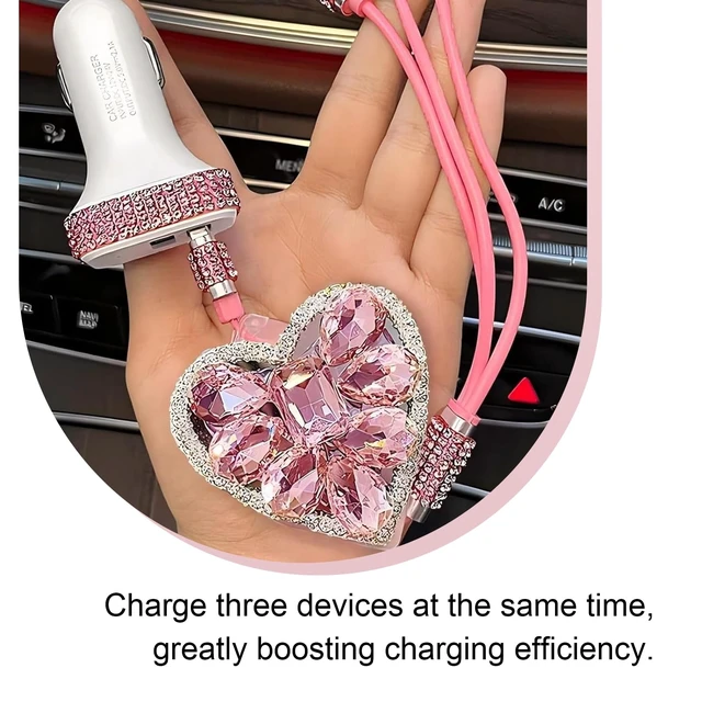 Alt view image 7 of 7 - Car Multi-function Charging Cable, Retractable Fast Power Cord with Bling Heart Decoration, Type-C Lightning Micro USB 3 in 1 Connector Cable, Portable Cord for Most Devices (Pink)