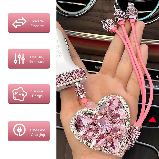 Alt view image 5 of 7 - Car Multi-function Charging Cable, Retractable Fast Power Cord with Bling Heart Decoration, Type-C Lightning Micro USB 3 in 1 Connector Cable, Portable Cord for Most Devices (Pink)