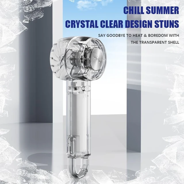 Alt view image 4 of 7 - Portable Fan with Ice Cooling -Mini Handheld USB Rechargeable 3-Speed Fan Transparent Lightweight Personal Fan for Travel Desk Home and Office for Women and Men