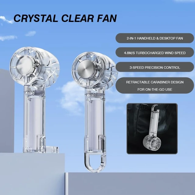 Alt view image 5 of 7 - Portable Fan with Ice Cooling -Mini Handheld USB Rechargeable 3-Speed Fan Transparent Lightweight Personal Fan for Travel Desk Home and Office for Women and Men