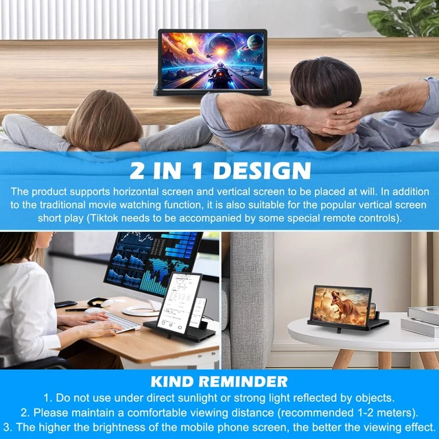 Alt view image 3 of 7 - 12" Upgraded Screen Phone Magnifier, Portable HD 3D Magnifying Projector Horizontal Screen Enlarger with ScreenAmplifier, Foldable Cell Phone Stand Supports for All Smartphones