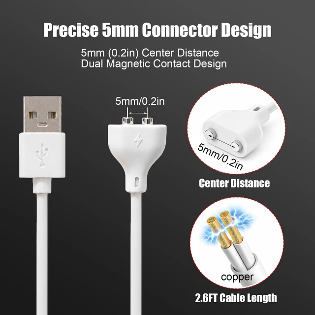 Alt view image 2 of 6 - 5mm Magnetic USB Charging Cable, Replacement Cord 0.2in Dual Connector | 2Pack 5mm 2-pin magnetic USB charging cable designed for compatible rechargeable toys and small electronic devices,2.6FT