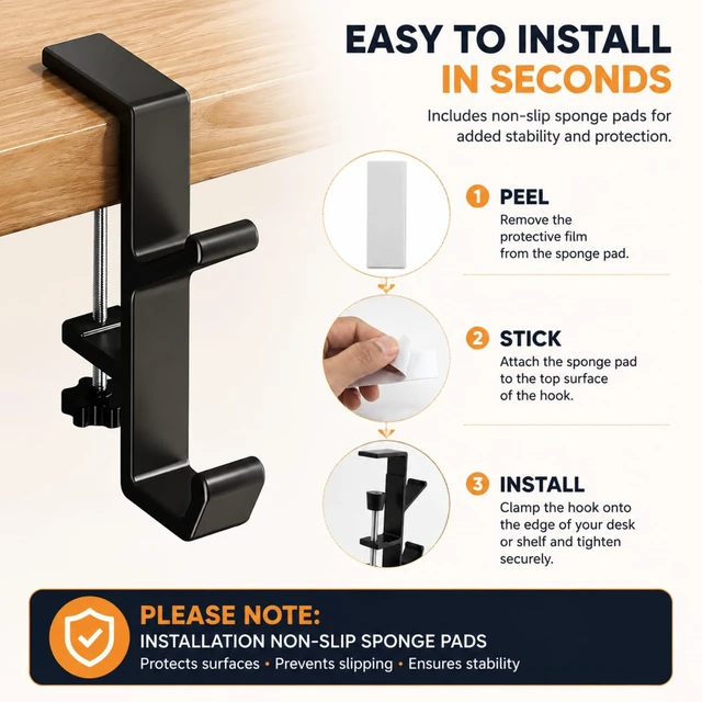Alt view image 3 of 7 - Headphone Stand - Aluminum Alloy Headphone Holder, Under Headset Stand for Desk Fit for PC Gaming Headset Hanger Hook Suitable for Office, Computer, Student Class Desk, Handmade Creator Table (Black2)