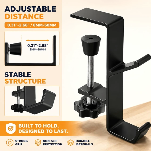 Alt view image 5 of 7 - Headphone Stand - Aluminum Alloy Headphone Holder, Under Headset Stand for Desk Fit for PC Gaming Headset Hanger Hook Suitable for Office, Computer, Student Class Desk, Handmade Creator Table (Black2)