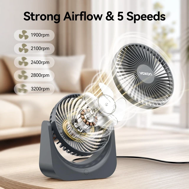 Alt view image 2 of 7 - Desk Fan, 5.5-Inch Fan for Bedroom, 20dB Quiet Small Fan with 5-Speeds Cooling and Strong Airflow, 90° Adjustable USB Desktop Fan, Personal fan for Home, Office, Kitchen, Grey